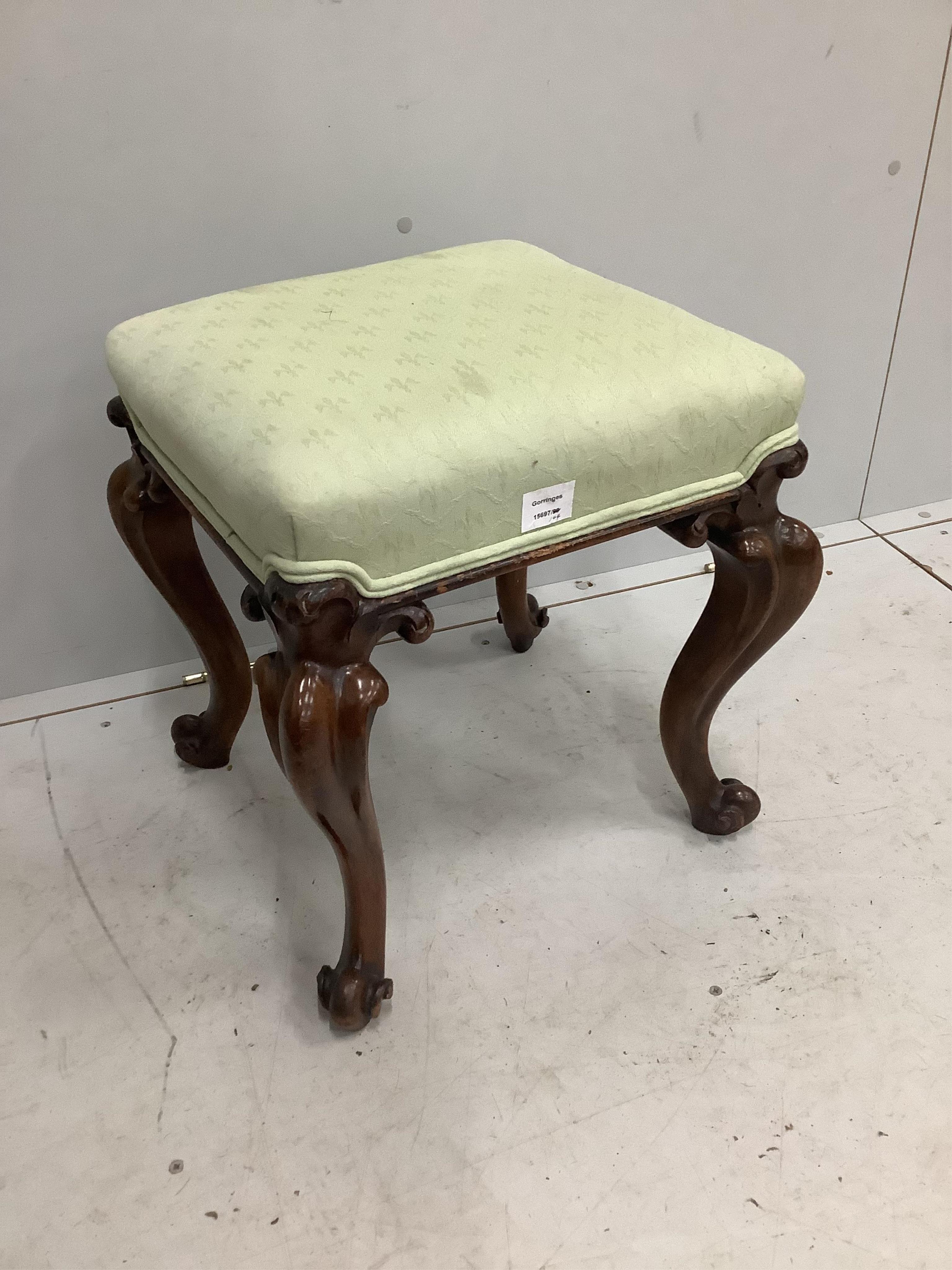 A Victorian rosewood square topped dressing stool, on cabriole legs, width 46cm, depth 44cm, height 48cm. Condition - fair